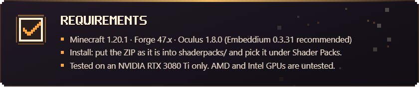 Requirements: Minecraft 1.20.1, Forge 47.x, Oculus 1.8.0